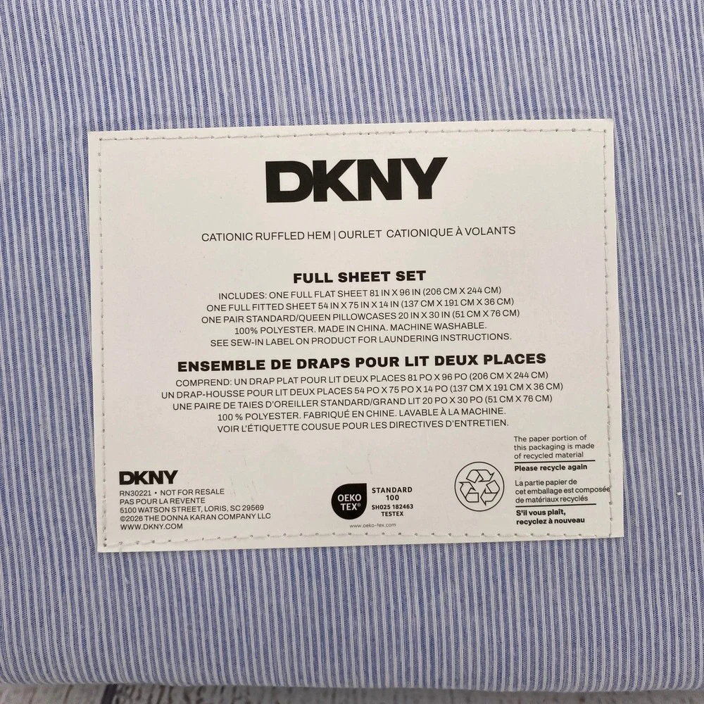 DKNY Sheet Set Full Blue White Pinstripe Ruffled Hem Bedding Chic Preppy Coastal